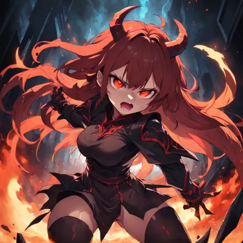 demon girl, short horns, fiery red eyes, fierce expression, dynamic action pose (dark fantasy:1.5) ANIME STYLE