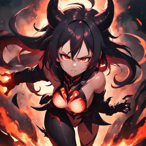 demon girl, short horns, fiery red eyes, fierce expression, dynamic action pose (dark fantasy:1.5) ANIME STYLE