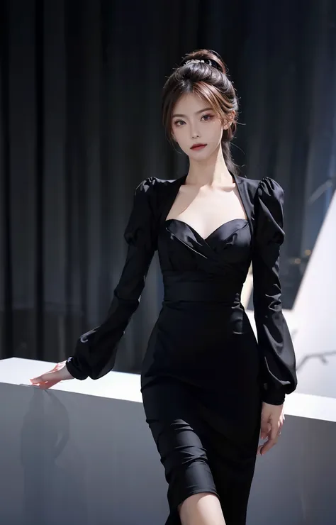 a beautiful woman in a black dress，the breasts are large，liuhai hairstyle，ponytail hairstyle，stand dignified，high image quality