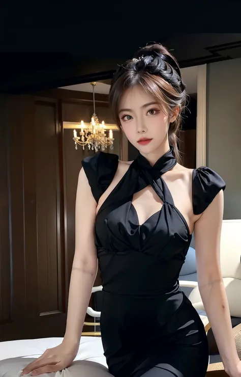 a beautiful woman in a black dress，the breasts are large，liuhai hairstyle，ponytail hairstyle，stand dignified，high image quality