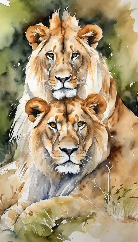 master part, Ultra detailed watercolor portrait of a lion, parte superior do corpo, Pinceladas, arte profissional impressionante, paleta de cores neutras