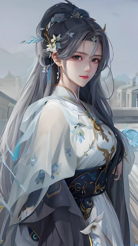 Anime girl in white dress with long hair and blue flowers,Royal sister face，Enchanting and charming，Black eyes royal palace ， A girl in Hanfu, Beautiful character painting, a beautiful fantasy empress, ((a beautiful fantasy empress)), Guviz-style artwork, ...