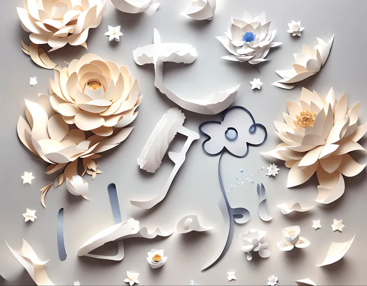 （（（tmasterpiece））），best qualtiy，illustratio，Beautiful paper art,Many paper flowers, ,Auspicious clouds,nigh sky,Great Full Moon,As estrelas,simplebackground,Soft lighting