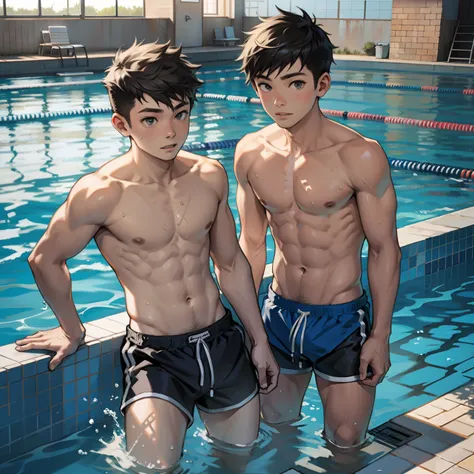 two boys swimming in shorts，swimmingpool