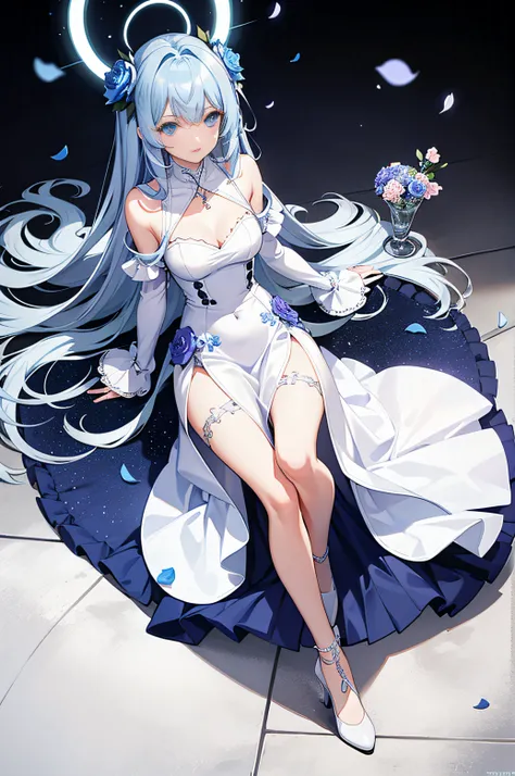 1girl,solo,flower,dress,white dress,long hair,in container,red high heels,blue hair,cup,hair ornament,hair flower,blue flower,in cup,bangs,looking at viewer,white footwear,cocktail glass,lying,drinking glass,bare shoulders,full body,purple eyes,closed mout...