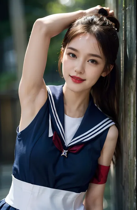 ((Pose by raising your hands to show your armpits、Armpit、We show the armpits in detail、red lipsticks、shiny armpits smeared with oil,、Glossy shiny armpits with oil in the armpits、Realistic and detailed armpits、Armpits shining with sweat、Ultra-realistic armp...