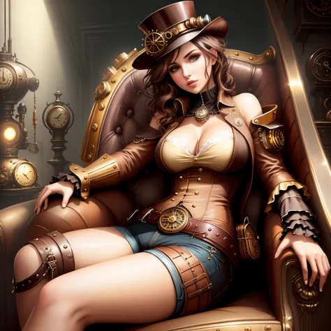 sexy woman sitting on a steampunk sofa, front view, short pants, empty room