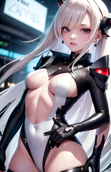 optimum，tmasterpiece，A high resolution，best qualtiy，hyper HD，super detailing，Award-Awarded，16k，独奏，（The upper part of the body），anatomy correct，Beautiful cyberpunk girl，cute  face，，Gradient Beige Hair，Hairline，（（Scarlet eyes）），long eyelasher，Hanging eye cor...