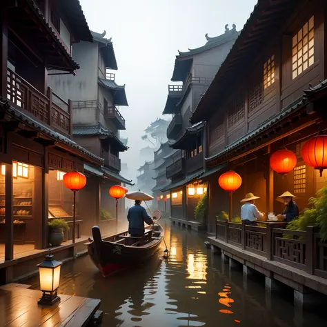 Jiangnan Water Town，solitary boat，old man，willowy，Drizzle，lotus flower，the street，horses，Traders，bazaars