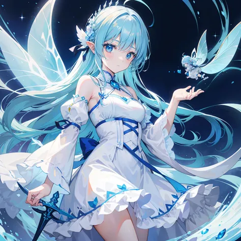 Slightly blue hands with white figure-eight bangs，Fairies dressed in soft clothes flutter blue and white yarn，She is a fairy-like sword cultivator girl