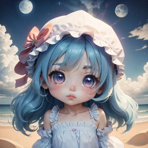 Chibi Chibi Chara　full bodyesbian　Eye color is blue　Crisp double　Cute girl in a bright dress　Hair is white and long　Wearing a perm　the wind、Skysky、​​clouds、rays of moonlight、stele、fireflys、butterflys