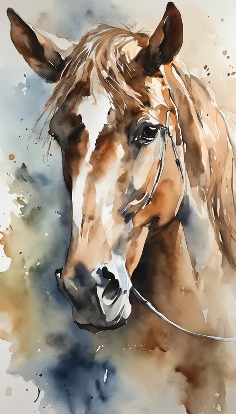 master part, Retrato em aquarela ultra detalhado de um cavalo negro, parte superior do corpo, Pinceladas, arte profissional impressionante, paleta de cores neutras