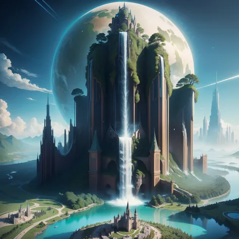 Terraforming　Skyscrapers　epcot　huge waterfall　Huge castle　cyberpunked　Earth Metropolis　Sci-Fi Art Masterpiece　超A high resolution