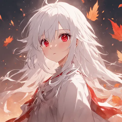 shiny white hair、Neutral face、Red eyes、Rich in color、Beautie、Wearing white clothes、well-styled、小柄、Super beautiful、high-level image quality、4K、8K、Round ears like tanuki are visible、In the wilderness、autumnal、Colored leaves、two people、