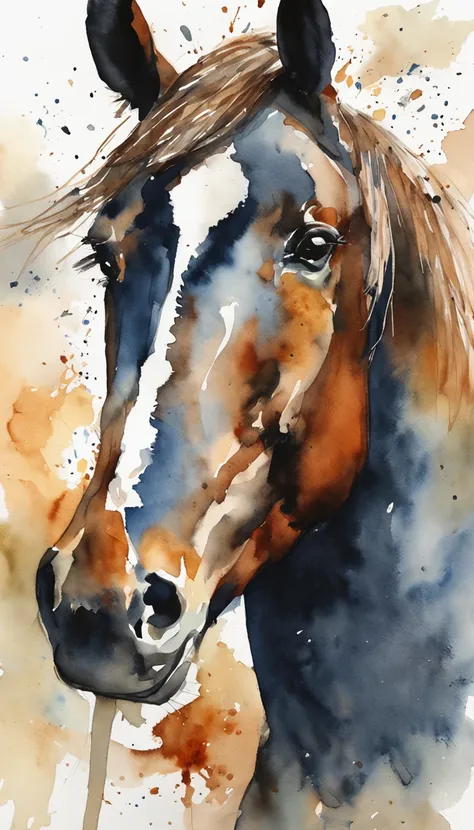 master part, Retrato em aquarela ultra detalhado de um prancing black horse, parte superior do corpo, Pinceladas, arte profissional impressionante, paleta de cores neutras