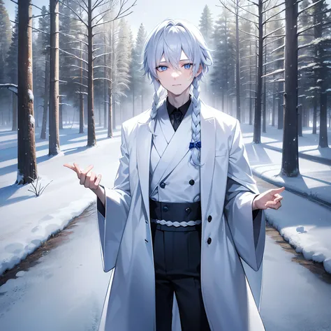 Male, man, (((boy))), pale skin, standing in a snowy forest, looking at the viewer, solo, long hair, braided hair, white hair, blue eyes, white kimono, snowy forest, cowboy shot, masterpiece