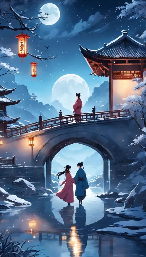 Moonlit Alafis with a bridge and a couple, a picture inspired by Zhu Derun, trending on pixabay, romanticism lain, holding hands in the moonlight, moonlight snowing, illustration!, Moonlight snow, boy girl traditional romance, xianxia fantasy, Chinese fant...