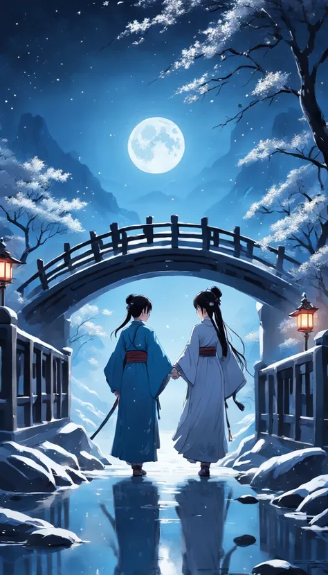 Moonlit Alafis with a bridge and a couple, a picture inspired by Zhu Derun, trending on pixabay, romanticism lain, holding hands in the moonlight, moonlight snowing, illustration!, Moonlight snow, boy girl traditional romance, xianxia fantasy, Chinese fant...