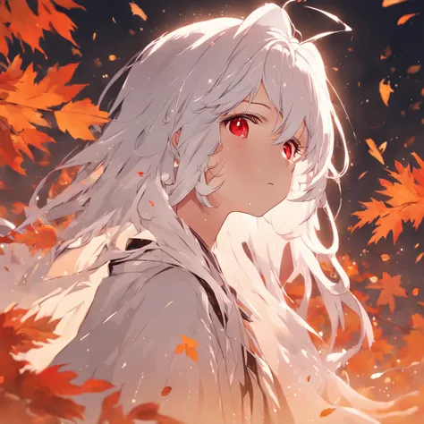 shiny white hair、Neutral face、Red eyes、Rich in color、Beautie、Wearing white clothes、well-styled、小柄、Super beautiful、high-level image quality、4K、8K、Round ears like tanuki are visible、In the wilderness、autumnal、Colored leaves、two people、Full body like、Being un...