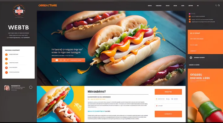 "Creative and user-friendly web design with a hot dogs theme. Modern UI/UX, vibrant colors, mouthwatering visuals, intuitive navigation, and interactive elements."