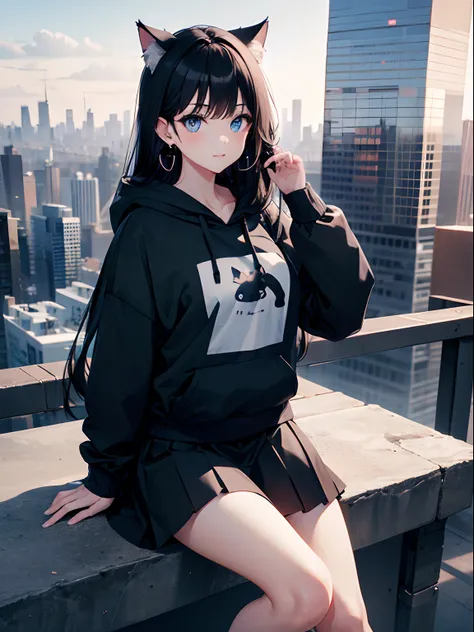 1cat girl, long black hair, blue eyes, wearing plain black large hoodie, black skirt, city, absurdres, high res, ultrasharp, 8k, masterpiece, looking at viewer, large dangle earrings