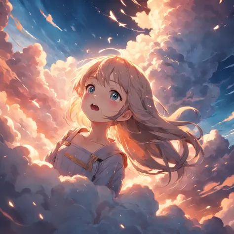 masterpiece, best quality, movie still, 1girl, cloud girl, floating in the sky, close-up, bright, happy, warm soft lighting, sunset, (sparks:0.7)