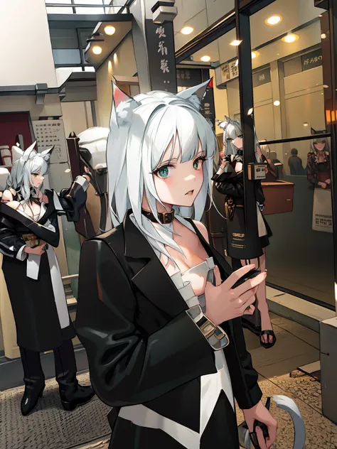 woman in a black suit with white hair and a cat ears on her head, cosplayer, anime cosplay, white - haired fox, woman with cat e...