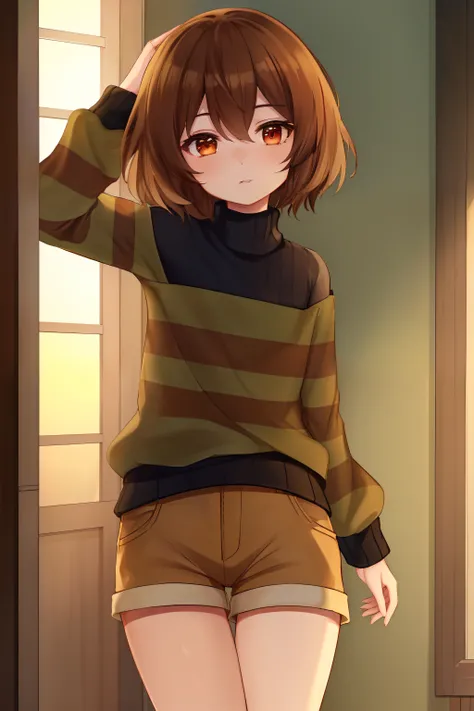 ((Best quality)), ((Masterpiece)), (Detailed), Undertale Frisk, Brown hair, (brown shorts: 1.3), Bob cut, Short hair, Black pantyhose, (Green sweater: 1.3), Red eyes, (1girll: 1.3), (Solo: 1.3), streaked, Green striped sweater