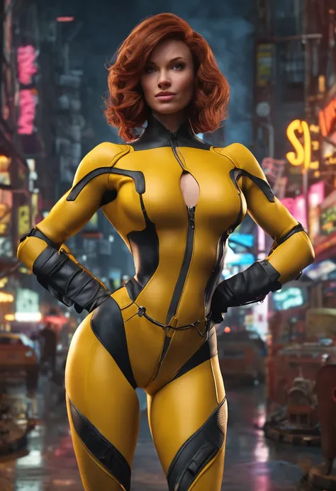 woman dressed with an unzipped yellow jumsuit, chesnut bob haircut, muscular, large breasts, ample cleavage, hourglass type body, April ONeil character, sewer background, full body, masterpiece, 8k, hd, high definition, detailed, skin texture, hyper detail...