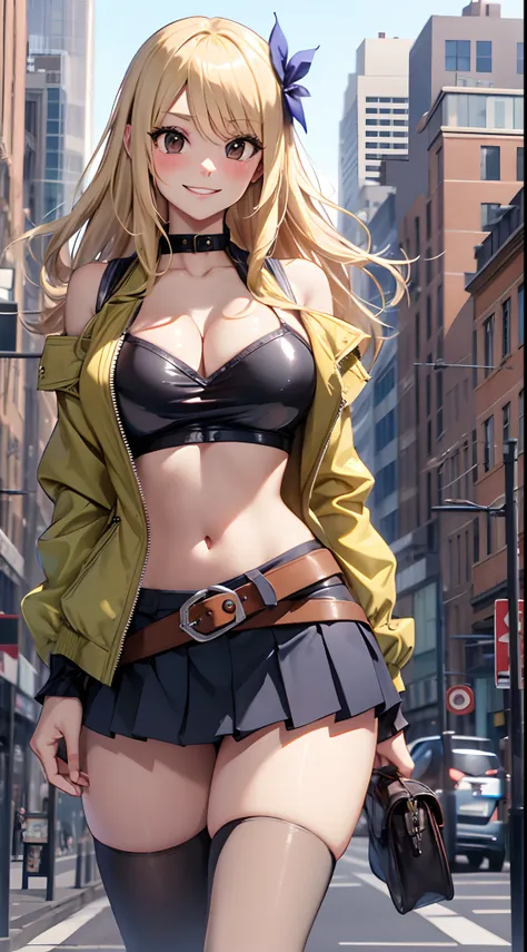 masterpiece, best quality, highres, lucy heartfilia, blonde hair, long hair, large breasts, jacket, crop top, bare shoulder, show stomach, belt, pleated skirt, cowboy shot, standing, looking at viewer, city road, outdoor, modern city road, blush, shy, smil...