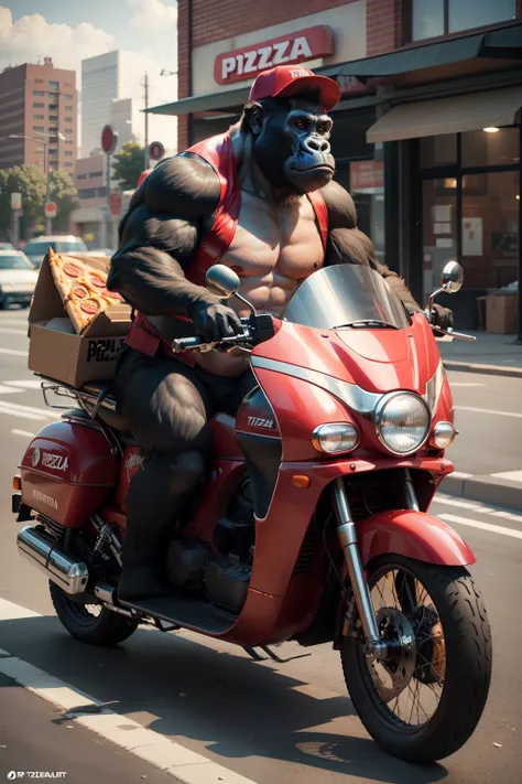 ultra realistic scene of gorilla works in pizza delivery, wears a pizza man costume, holds a pizza in his hand, and drives a pizza delivery motor, downtown 90 style. ultra details c4d rendering