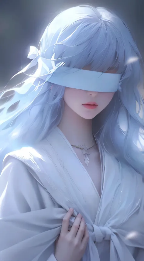 Anime girl with blue hair and white gauze blindfolded, White-haired god, Kizi, ethereal anime, white haired Cangcang, Flowing white hair, Guviz-style artwork, Dazzling white hair, Girl with white hair, Perfect white haired girl, Soft anime illustration, a ...