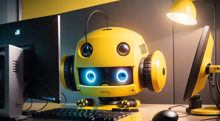 Cute robot with yellow square face looking at computer screen