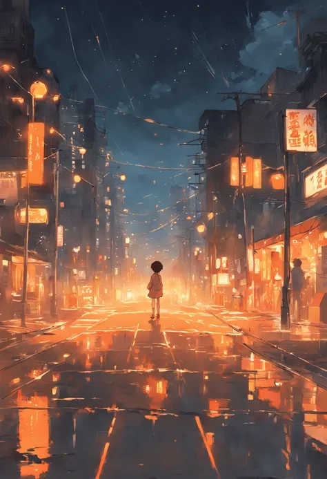 In the style of Makoto Shinkai, super fine illustration, best quality,　From the rear seat window of a car, the glow of orange streetlights can be seen. Inside, a child lying down gazes at the orange streetlights. The warm and nostalgic ambiance of the oran...