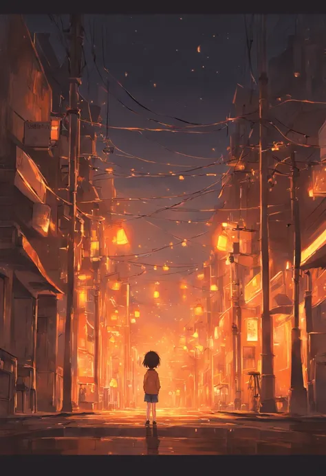 In the style of Makoto Shinkai, super fine illustration, best quality,　From the rear seat window of a car, the glow of orange streetlights can be seen. Inside, a child lying down gazes at the orange streetlights. The warm and nostalgic ambiance of the oran...