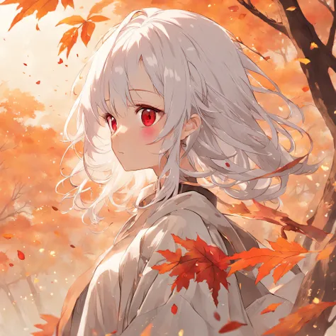 shiny white hair、Neutral face、Red eyes、Rich in color、Beautie、Wearing white clothes、well-styled、小柄、Super beautiful、high-level image quality、4K、8K、Round ears like tanuki are visible、In the wilderness、autumnal、Colored leaves、Full body like、Being under a tree ...