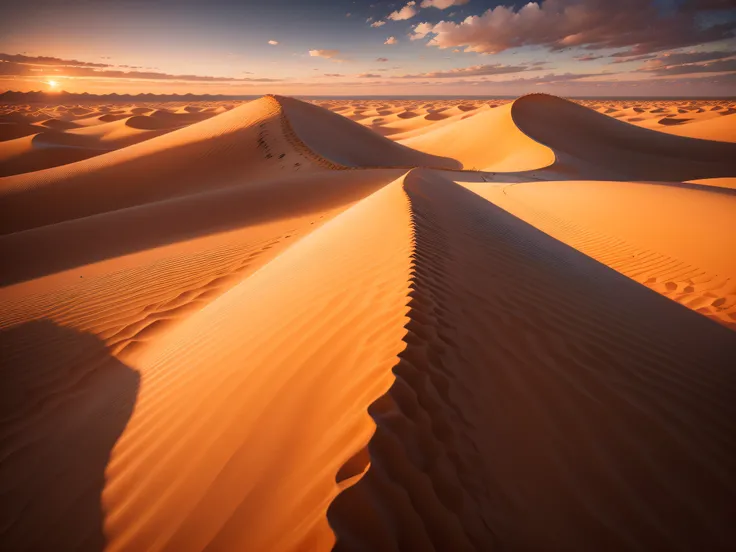 Eternal Desert Dunes: Endless undulating sand dunes beneath a mesmerizing sunset, capturing the timeless allure and solitude of desert landscapes.