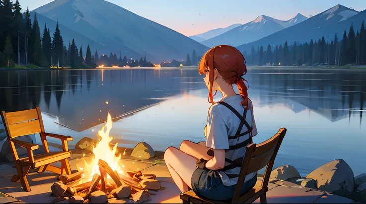 Best Quality, Masterpiece,1girl, 21 years old, ginger hair tied back, casual outfit, thick gloves, sitting on a chair on the campfire, late evening, lake, beautiful mountain and stars range in the background