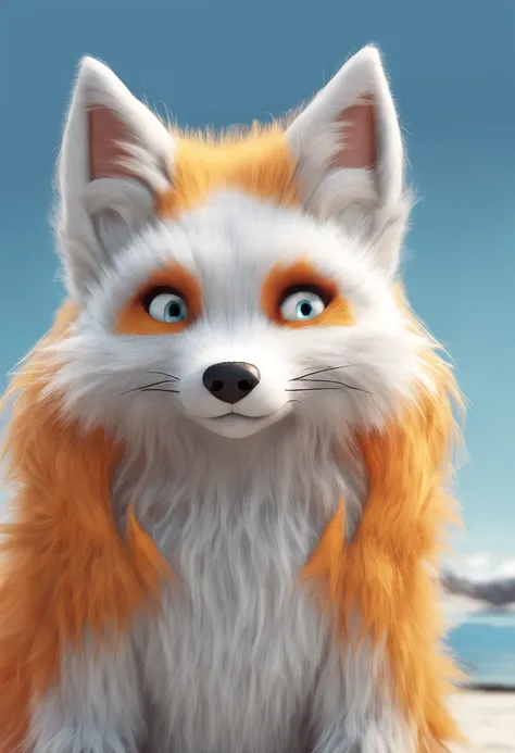 eyes with brightness, in a panoramic view, Character focus.(detailedbackground:0.7), 独奏, shaggy, Furry female, female focus, anthr,(Full Body Furry, Fluffy tail, White fur, Blue-yellow eyes, white color hair:1.2), (long canines、red fox、围巾：1.2），（external、In...