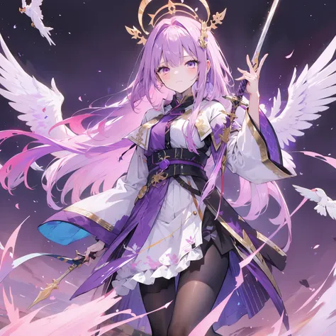 Long-haired girl，Purple flame，Streamers converge，Birds greet each other，Purple sky，Heavenly host，Purple-gold eyes，Hold a sword in your hand，Waist tie flute，Behind him, the mountains and rivers are the background