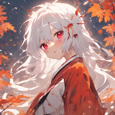 shiny white hair、Neutral face、Red eyes、Rich in color、Beautie、Wearing modern white clothes、well-styled、小柄、Super beautiful、high-level image quality、4K、8K、Round ears like tanuki are visible、In the wilderness、autumnal、Colored leaves、Full body like、Being under ...