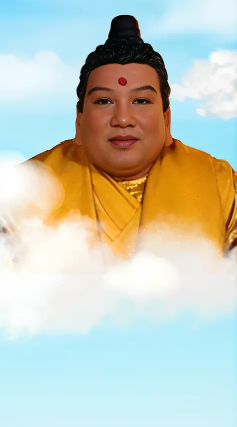 There is a caricature of a man in a yellow shirt in the clouds, fat cloud, (((luke chueh))), cloud goddess, giga chad capaybara, fujita goro!, patron saint of 🛸🌈👩🏾, Cloud, divine background, inspired by Tawaraya Sōtatsu,  As Winnie the Pooh