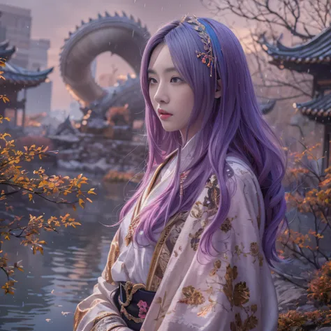 32K（tmasterpiece，k hd，hyper HD，32K）Long flowing purple-pink hair，Autumn pond，zydink， a color，  Asian people （Silly girl）， （Silk scarf）， Combat posture， looking at the ground， long whitr hair， Floating hair， Python headdress， Chinese long-sleeved clothing， ...