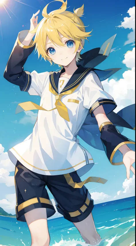 one boy, Len_Kagamine, smile, outdoor, sailor uniform, short pants