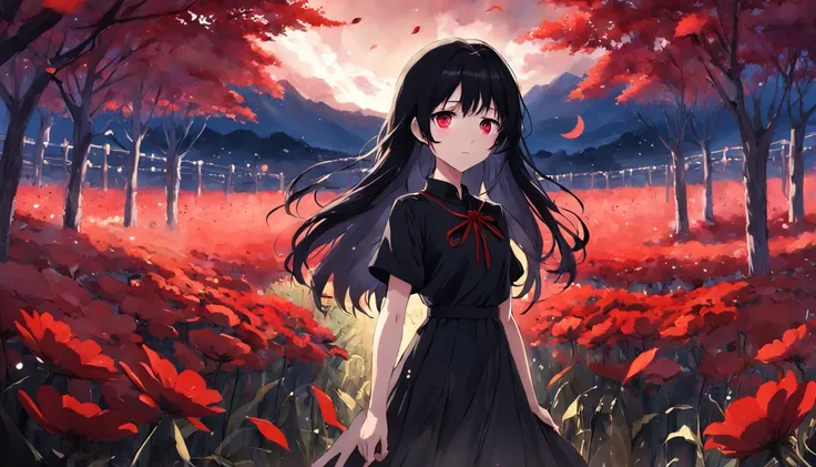 1girl, black hair, long hair, black eyes, black dress, red moon, black flower field