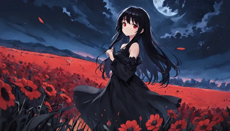 1girl, black hair, long hair, black eyes, black dress, red moon, black flower field