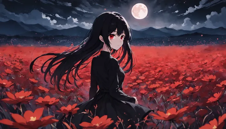 1girl, black hair, long hair, black eyes, black dress, red moon, black flower field