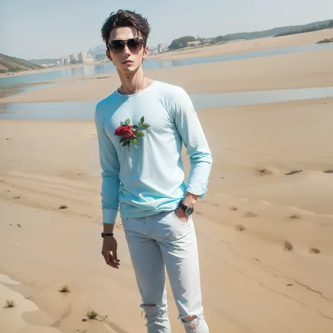 A hot boy with rose and riverside pistal hand face black sunglasses