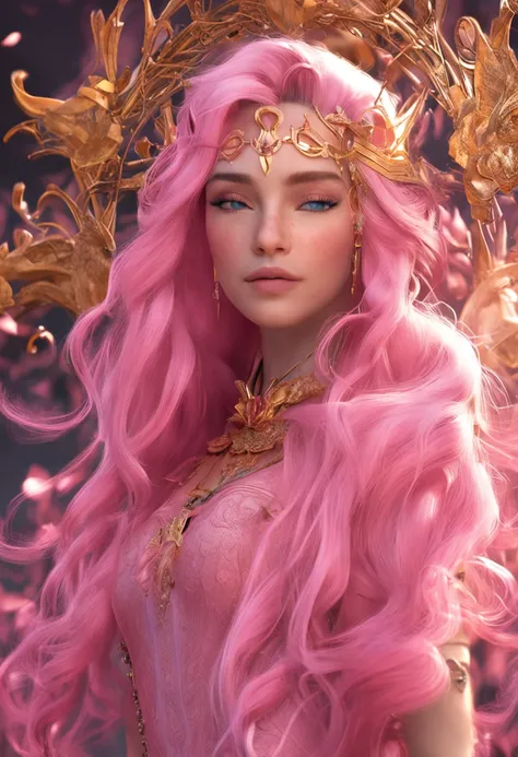 Pink Long Hair，Fair skin，Golden crown，blue color eyes