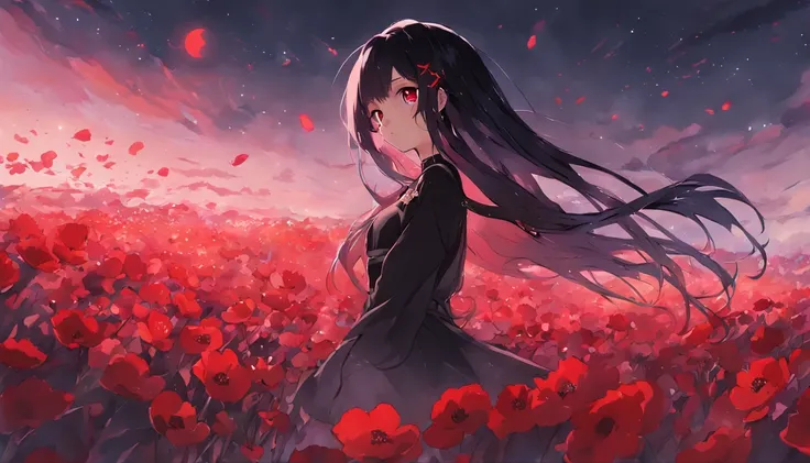 1girl, black hair, long hair, black eyes, black dress, red moon, black flower field